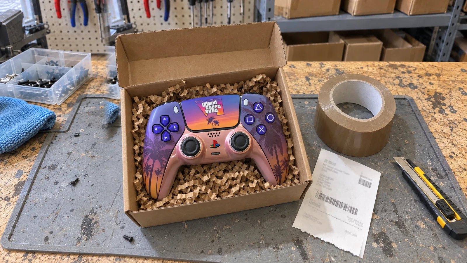 The controller packed in a kraft box with crinkle paper